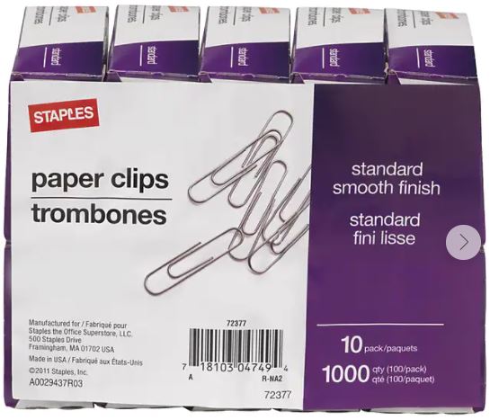 Paperclips, Small, 10 Boxes Of 100 Ea