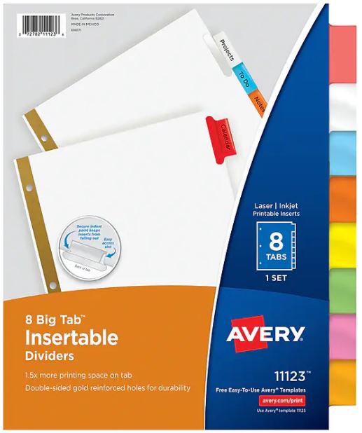 Dividers, 8 Tab, Color Insertable