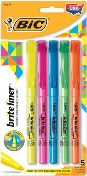 HIGHLIGHTERS, BIC BRITE LINER, 5 PK